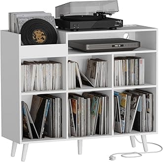 Cozy Castle Large Record Player Stand with Vinyl Storage Cabinet, Wood Turntable Table Open Shelf Holder Up to 500 Albums Cube Storage Organizer for Living Room, Office, White