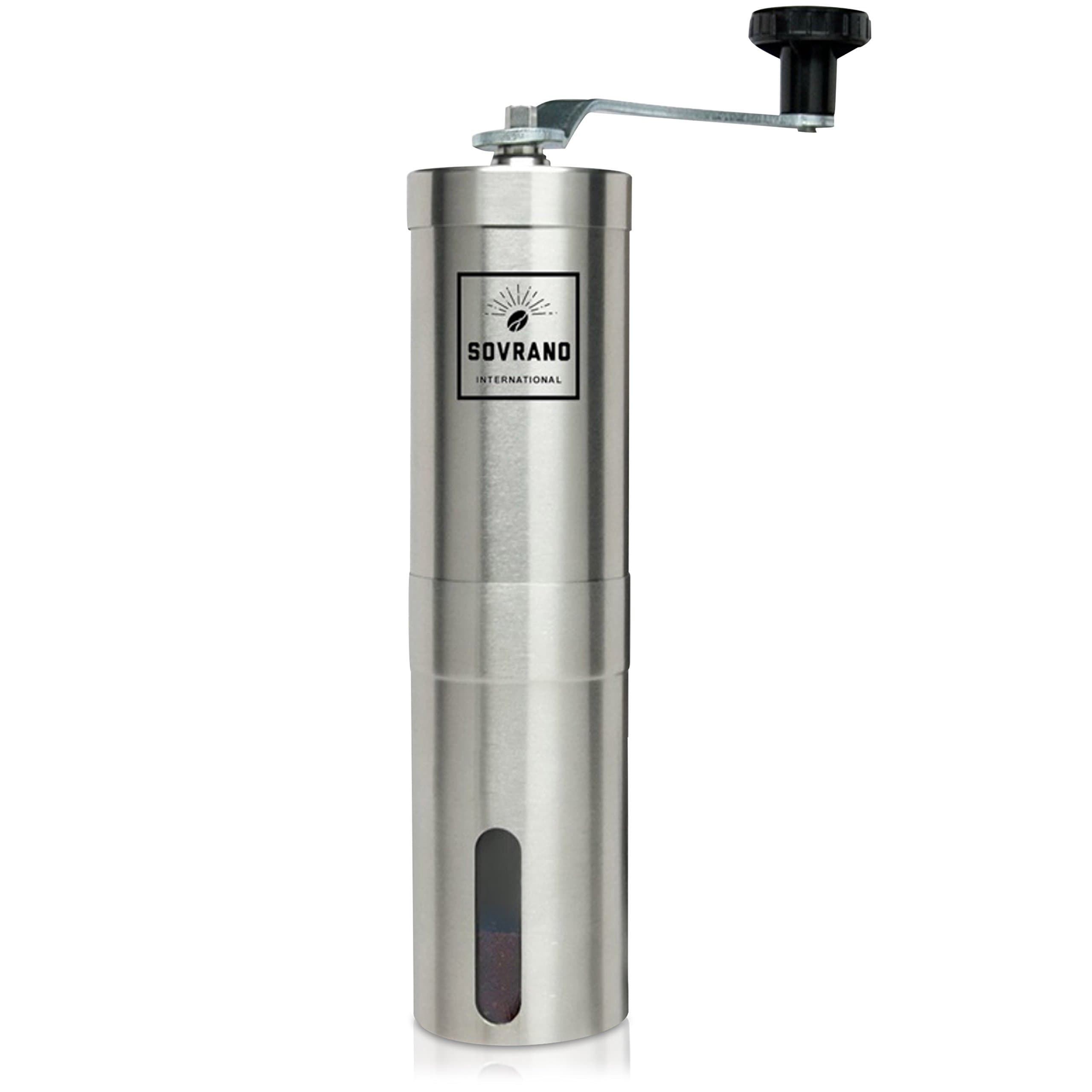 The Sovrano Int'l Coffee Grinder - Best Ceramic Conical Burr Coffee Bean Grinder, Stainless Steel - Aeropress Compatible - Travel Ready
