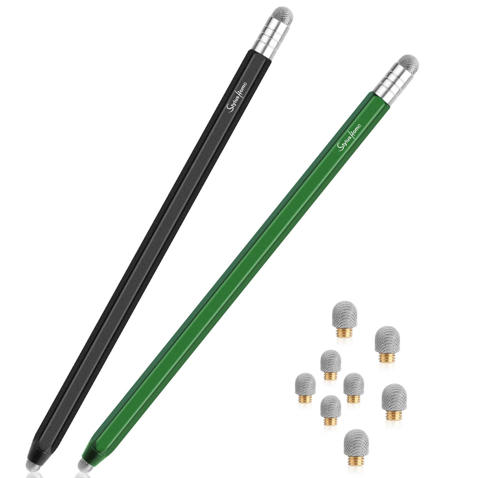 Stylus for Touch Screens (2 Pcs), High Sensitivity 2 in 1 Fiber Tips Pen with 8 Extra Replaceable Tips, Stylus for iPad iPhone Tablets Samsung All Universal Touch Screen (Black & Green)