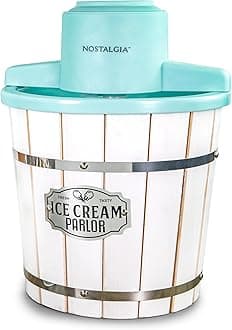 Nostalgia Electric Ice Cream Maker – Wood Bucket Parlor Style, Old Fashioned Soft Serve Ice Cream Machine Makes Frozen Yogurt or Gelato in Minutes - Fun Kitchen Appliance – White & Aqua - 4 Quart