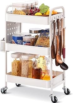 TOOLF 3-Tier Rolling Cart, Metal Utility Storage Cart with DIY Pegboards, Art Craft Trolley with Baskets Hooks, Serving Organizer Easy Assemble for Office, Home, Kitchen, Classroom (White)