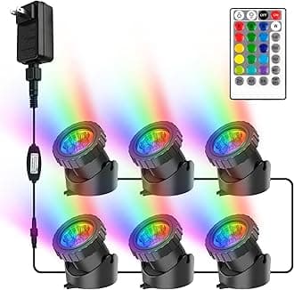 RGB Pond Lights with Timer, LED Underwater Submersible Colorful Landscape Spotlights, 98ft Remote Control IP68 Waterproof Fountain Lights for Fish Aquarium Tank Garden Yard Pool (Set of 6)