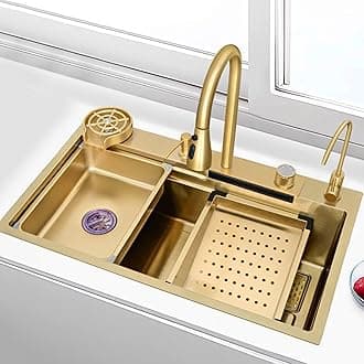kitchen sink Golden Sink Stainless Steel Sink Golden kitchen sink Waterfall Faucet Large Single Sink Including (Size : 80x45x20CM)