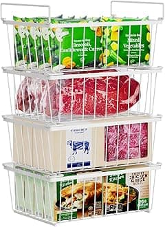 iSPECLE Freezer Organizer Bins - 4 Pack Stackable Chest Freezer Organizer for 5 Cu.FT Deep Freezer Sort Frozen Food, Deep Freezer Organizer Bins Easy to Get Food from Bottom Better Ventilation, White