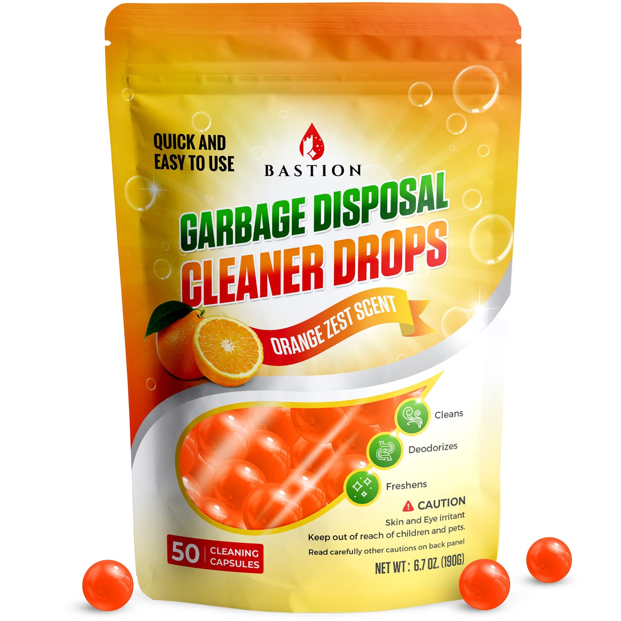 Garbage Disposal Cleaner and Deodorizer Drops- [[50-Count]] Orange Zest Scented Kitchen Sink Freshener Pods & Drain Odor Eliminator Disposer Care Balls