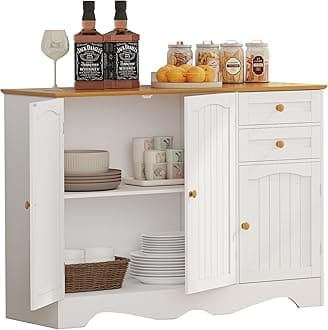 Function Home Buffet Cabinet, Sideboard with Storage, Kitchen Storage Cabinet with 2 Drawers and 3 Doors, Farmhouse Coffee Bar Console Cabinet for Kitchen Living Room Entryway, White Honey