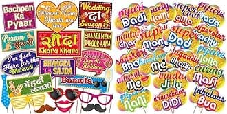 WOBBOX Mehndi Decoration Sangeet/Mehndi Night Party Props, Bollywood New Dialogue Multi Colour (19 Pcs) & Wobbox All Occasion Indian Family Photo Booth Party Props (18 Pieces)