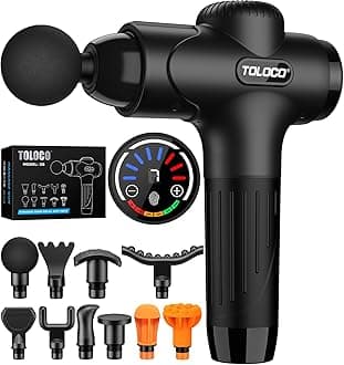 TOLOCO Massage Gun Deep Tissue, Percussion Massage Gun with 10 Replacement Heads, Super Quiet Portable Electric Massager for Athletes, Relax, Black