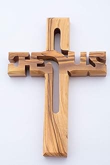 Olive Wood Gifts Shop Hand Made Olive Wood Jesus Cross (6 Inch) - Wall Hanging Carved with Jesus Name, Blessing, Christians Wall Hanging Wooden Cross from the Holy Land