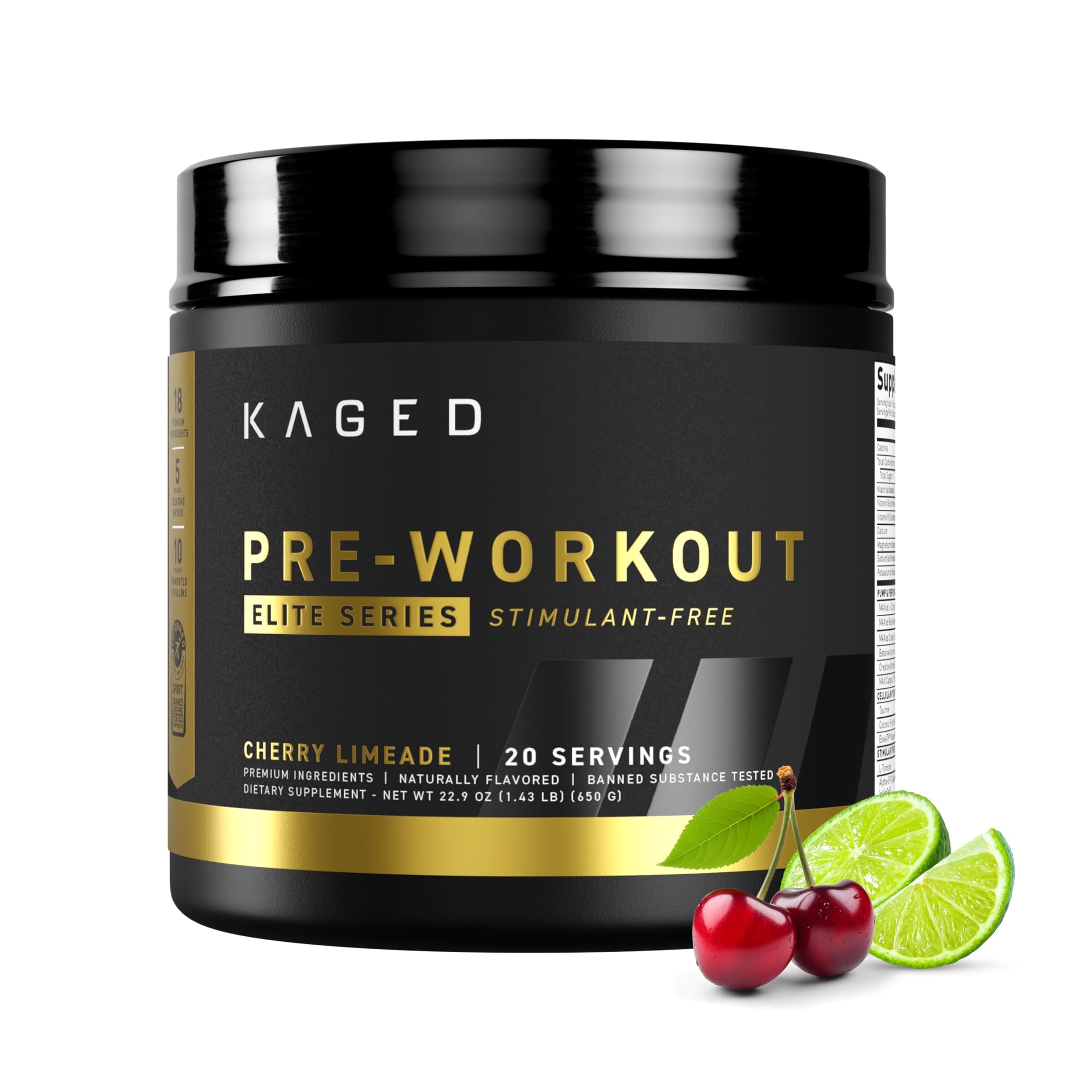 Kaged Pre Workout Elite Stim Free Powder | Cherry Limeade | Creatine, Beta Alanine, L-Citrulline | No Caffeine | 20 Servings