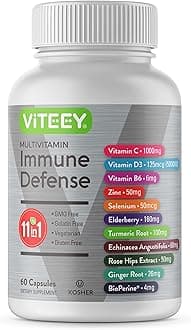 Viteey 11 in 1 Multivitamin Immune Defense Supplement - Immune Booster Capsules with Vitamin D3, Vitamin B6, Echinacea, Turmeric, Rose-HIPS, Selenium, BioPerine, Ginger, Elderberry Vitamin C and Zinc