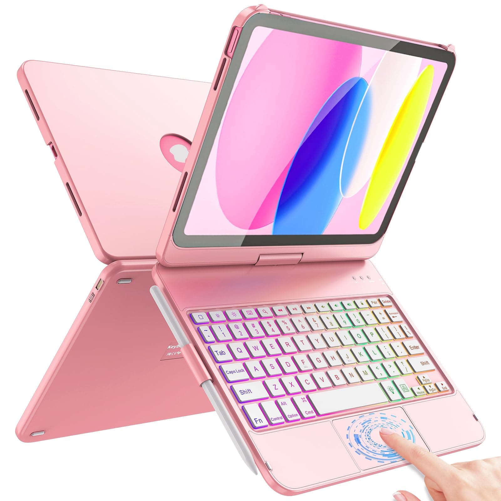 FUWANG Touch Keyboard Case for iPad 10th Generation 27.7cm 2022 360° Rotatable 10th Generation Keyboard Case Backlit Multi-Touch Keyboard for iPad 10th Generation Pink