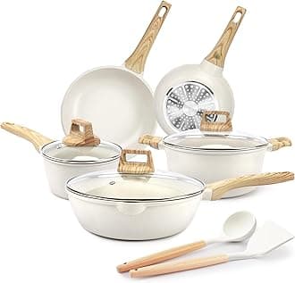 GiPP Pots and Pans Set Non Stick - 10 Pcs White Granite Kitchen Cookware Sets Nonstick Induction Cookware Cooking Pan Set with Frying Pans, PFOS & PFOA Free (White, A)