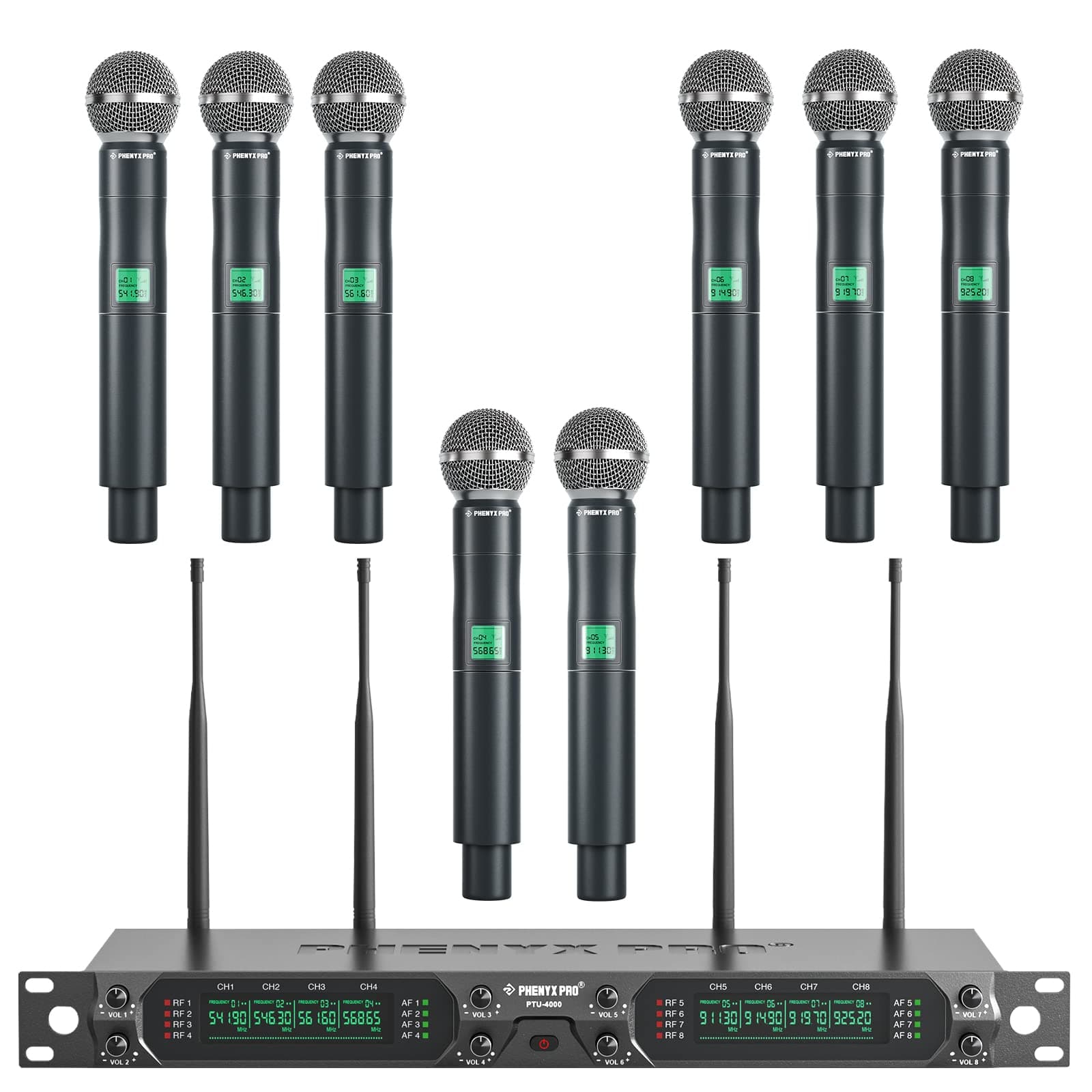 Phenyx Pro Wireless Microphone System, 8-Channel UHF Cordless Mic with Metal Handheld Wireless Mics, Fixed Frequency Dynamic Microphone for Karaoke,Church,Singing,DJ,260ft Range (PTU-4000-8H)