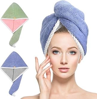 Angju Microfiber Hair Towel Wrap for Women 2 Pack Reversible Hair Turbans for Wet Hair Wrap Towels Quick Dry Hair Drying Towel Wrap for Curly Long Thick Hair Anti Frizz Double Layer