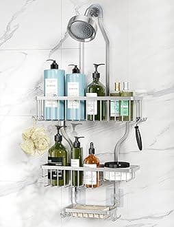 - YASONIC Shower Caddy Hanging - Never Rust Shower Organizer - Aluminum Over The Head Caddy with 10 Hooks for Razor/Sponge - Rack with Soap Basket - Silver