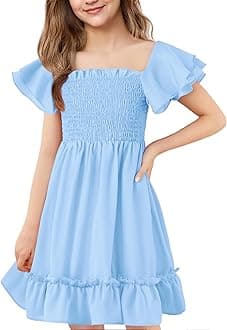 Hvididan Girls Summer Dresses Cute Double Layer Ruffle Sleeve Off Shoulder Dress 5-14 Years