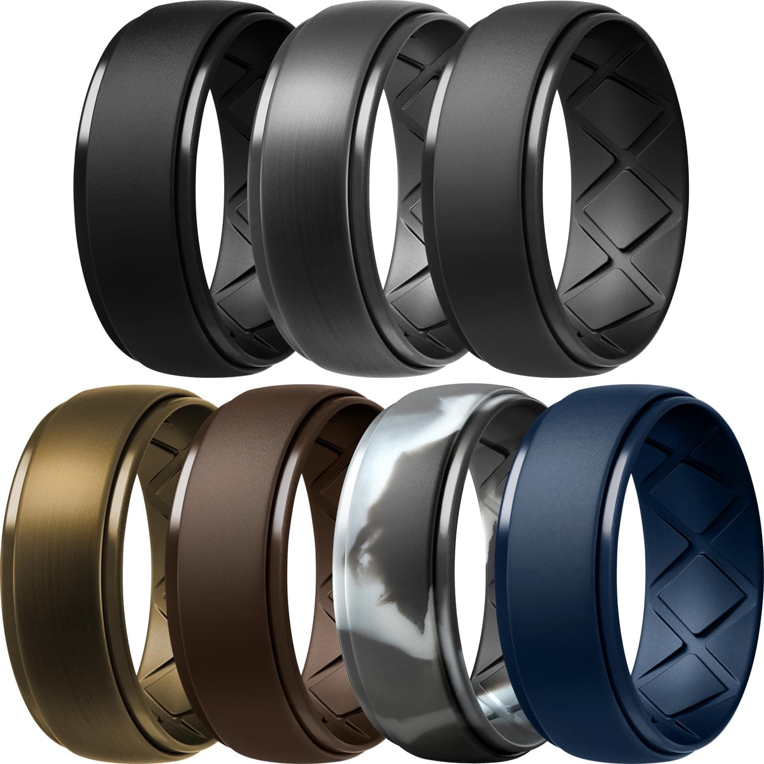 Inner Arc Ergonomic Breathable Design, Silicone Mens with Half Sizes, 7 Rings / 4/1 Rubber Wedding Bands, 10mm Wide-2.5mm Thick