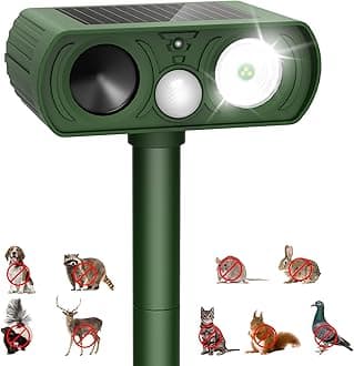 Upgraded Solar Ultrasonic Animal Repellent Outdoor, Deer Repellent Devices Motion Detection, Waterproof Cat Squirrel Skunk Raccoon Dog Chipmunk Deterrent with Flash Lights for Yard Farm Garden Patio