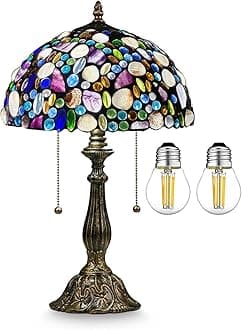 Tiffany Table Lamp,Stained Glass Lamp with Natural Shell,12" Vintage 2-Light Handmade Tiffany Style Lamp,Tiffany Bedside Light for Bedroom Living Room Office(2 LED Bulbs Included)
