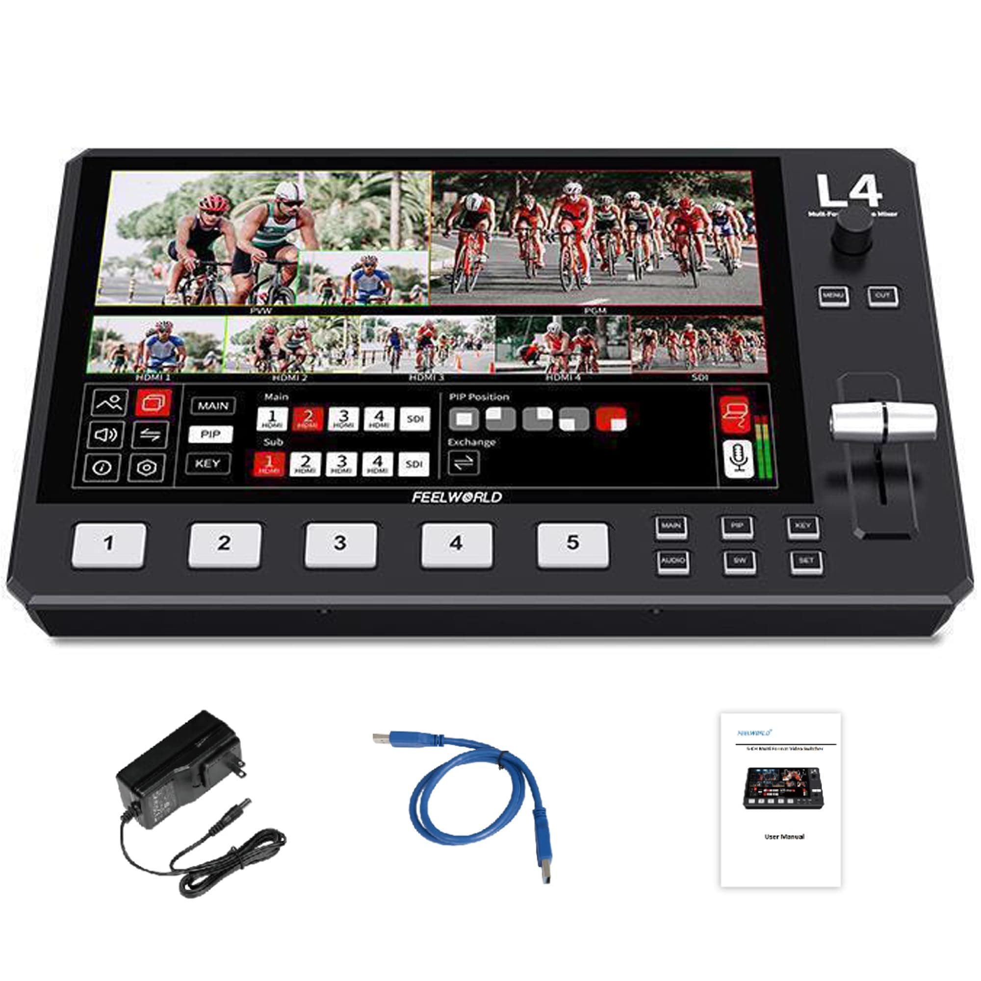Feelworld L4 Switcher 10.1 Inch Touch Screen Multi-Camera Video Mixer Switcher,4xHDMI,SDI,Audio Input/Output,App/PTZ Control,USB3.0 Fast Streaming,Built-in Cooler,13 Transitions