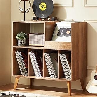 Large record stand with storage, record player stand with shelf, vinyl record holder with presentation surface, record stand for up to 300 albums, record shelf for music room and living room