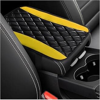 Dickno Car Center Console Cushion Pad, Universal Leather Waterproof Armrest Seat Box Cover, Comfortable Auto Armrest Cover Protector, Car Interior Decor Accessories for Most Vehicles (Black & Yellow)