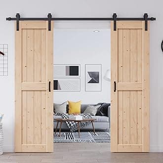 EaseLife 42in x 84in (Double 21in×84in Door) Barn Door with 7FT Sliding Door Hardware & Handle Included,DIY Assemblely,Easy Install,Apply to Interior Rooms & Storage Closet,H-Frame,Natural