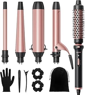 Wavytalk 5 in 1 Interchangeable Ceramic Curling Iron Set with Thermal Brush, 0.5"-1.5" Barrels, Instant Heat Up, Dual Voltage