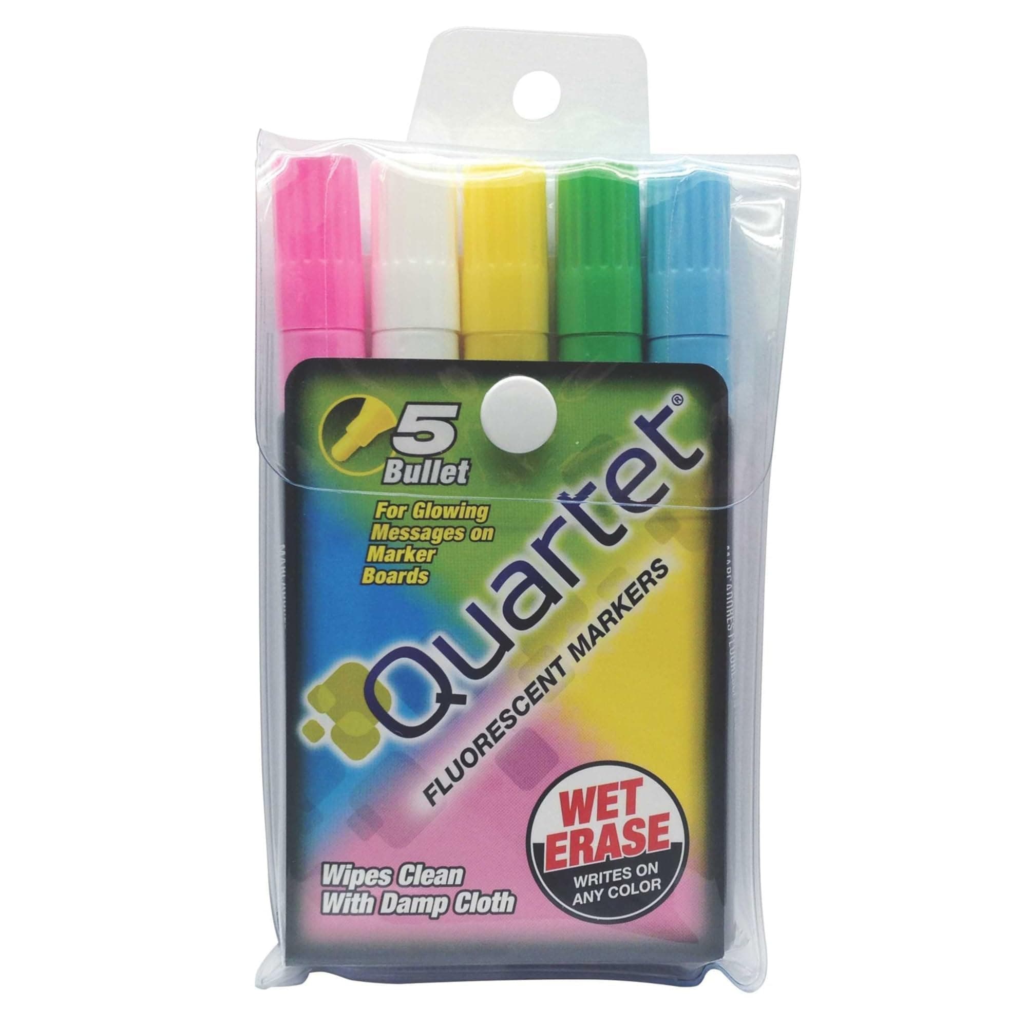 QuartetGlo-Write Fluorescent Markers, Bullet Tip, Wet-Erase, White Board Dry Erase Pens for Teachers, Home School & Office Supplies, Assorted Bold Colors, 5 Pack (5090)
