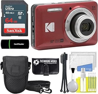 Kodak PIXPRO FZ55 16MP Red Digital Camera, 5X Optical Zoom, 28mm Wide Angle, 1080P, 2.7" Full HD LCD Camera, 64GB Card & Reader + Case + Memory Wallet +