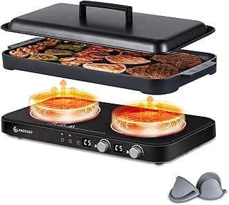AMZCHEF Double Induction Cooktop with Removable Griddle Pan Non-stick, 1800W 2 burner Portable Induction Stove With Sensor Touch 9 Power Levels, 99 Min Timer, Black