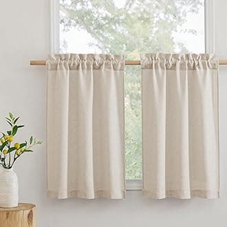 RYB HOME Kitchen Curtains, 30 inches Long Linen Rod Pocket Semi Sheer Cuartins for Basemnet Cafe, Light Filtering Bathroom Curtains Over Sink, W 26 x L 30, Beige, 2 Panels Set