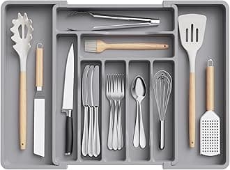 Lifewit Extendable Cutlery Drawer Organiser, Adjustable Cutlery Tray, Utensil Holder for Forks, Spoons, Knives, Plastic Kitchen Organiser and Storage, 9 Compartment, 33-57 x 38cm, Grey