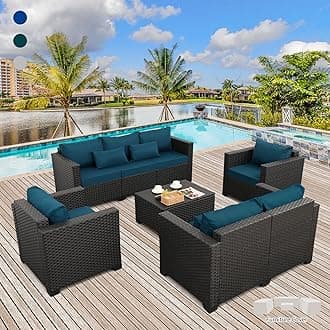 Patio Furniture Set 5 Pieces Outdoor Furniture Sets Patio Couch Outdoor Chairs Coffee Table Peacock Blue Anti-Slip Cushions and Waterproof Covers