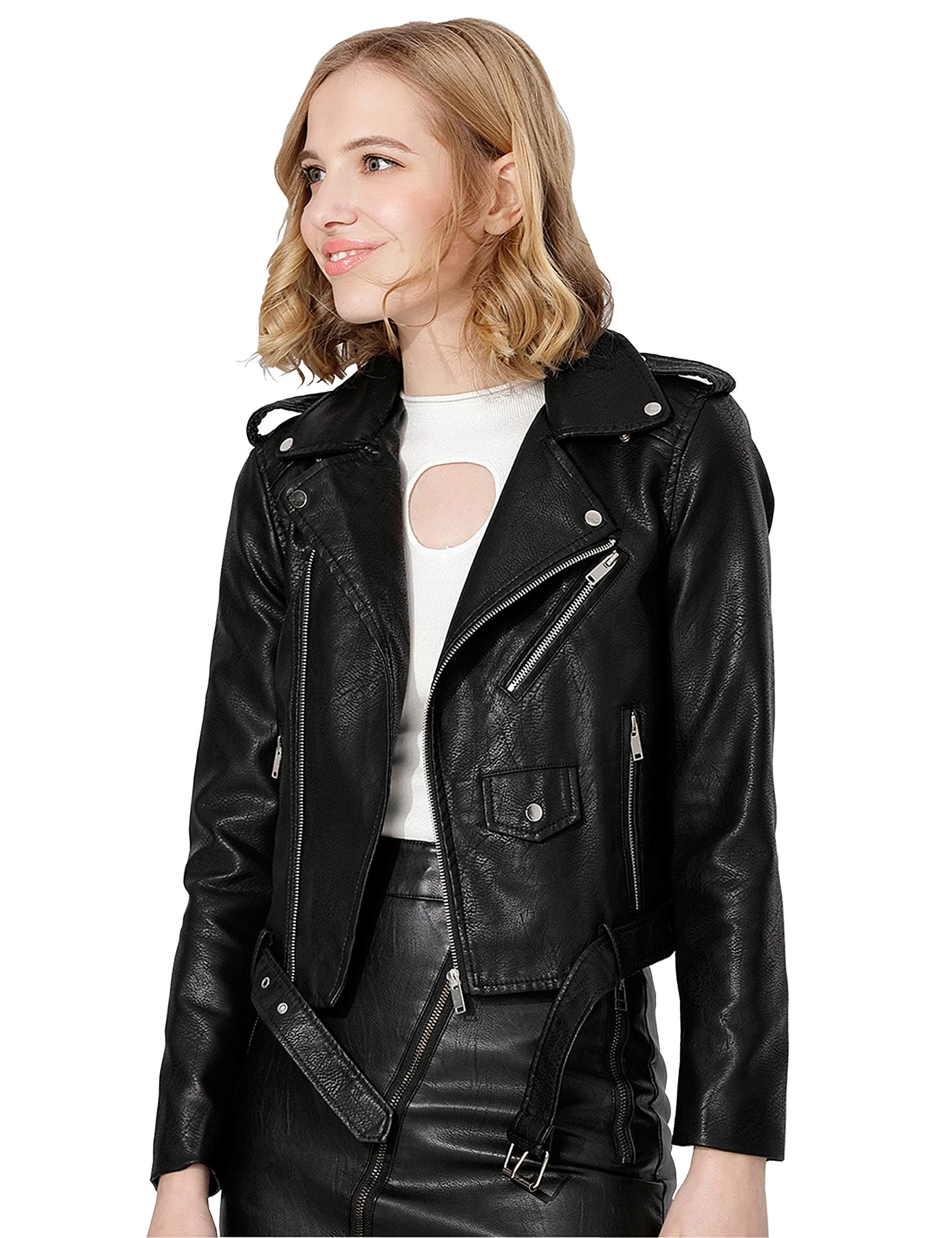 Women's Faux Leather Textured Short Moto Jacket Zip-up Slim PU Biker Coat with Pockets