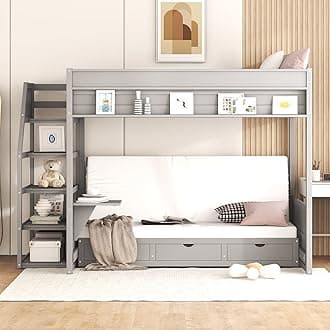 Multi-functional Full-Over-Full Bunk Bed with Storage Staircase and 3 Drawers, Solid Wood Bunk Bed Frame with Bedside Table for Kids Children Bedroom, Down Bed can be Convertible to Daybed (Gray-335)