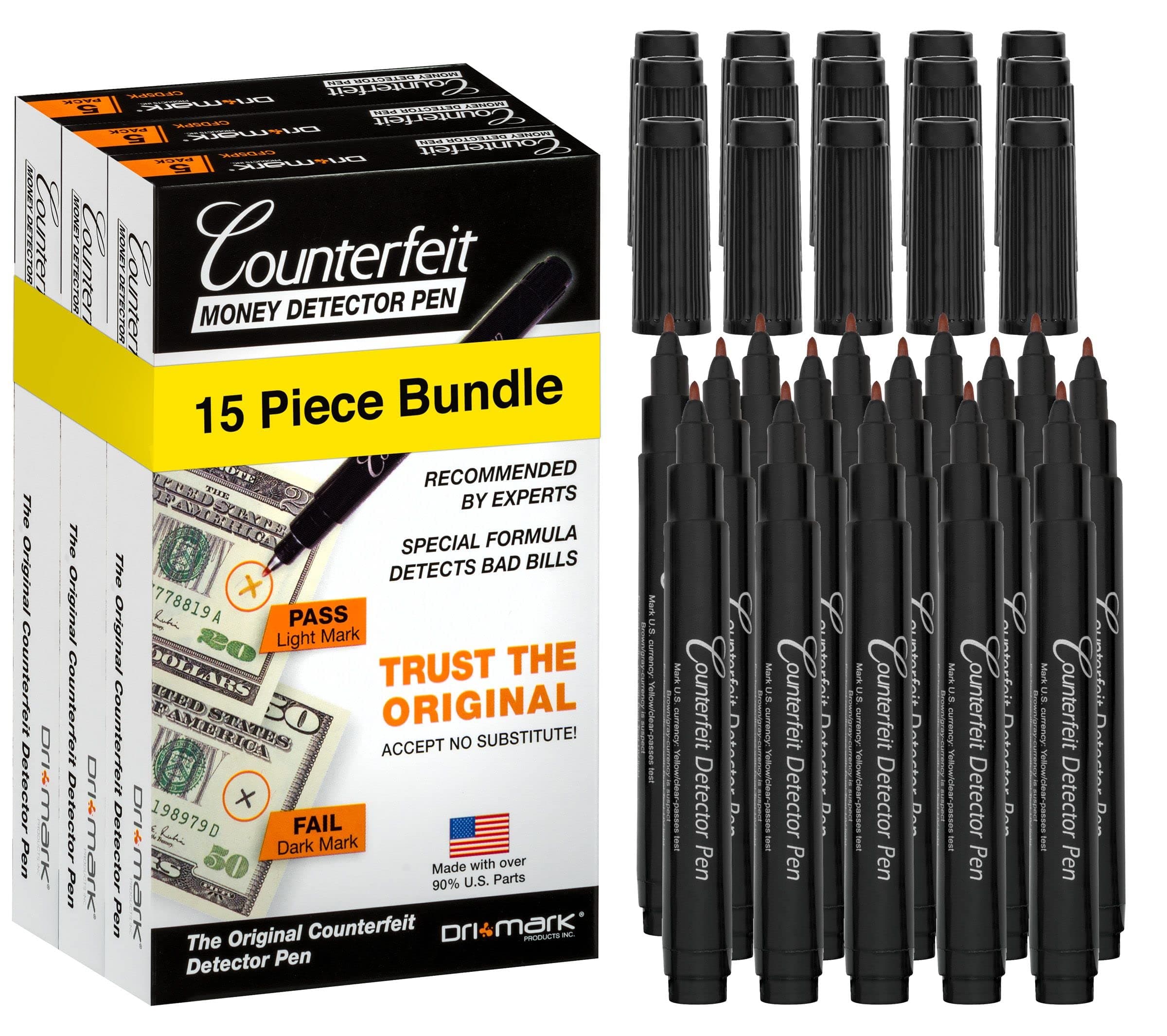 Dri Mark 15 Pack Counterfeit Bill Detector Marker Pen, Made in The USA, 3 Times More Ink, Pocket Size, Fake Money Checker - Money Loss Prevention Tester & Fraud Protection for U.S. Currency (CFD15PK)
