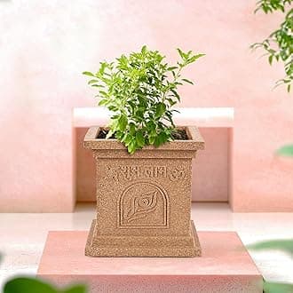 Heart Home 12 Inch Plastic Tulsi Mancha For Home | Modern Tulsi Gamla/Planter Pot for Home Decor, Balcony & Garden | Marble Design-Beige