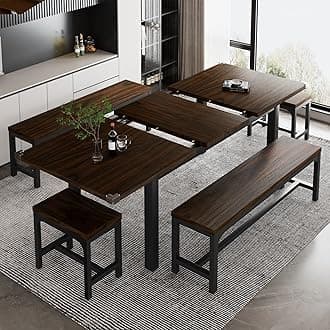 iPormis 5-Piece Dining Table Set for 4-8 People, Extendable Kitchen Table Set with 2 Benches and 2 Square Stools, Mid-Century Dining Room Table with Metal Frame & MDF Board, Saving Space, Espresso