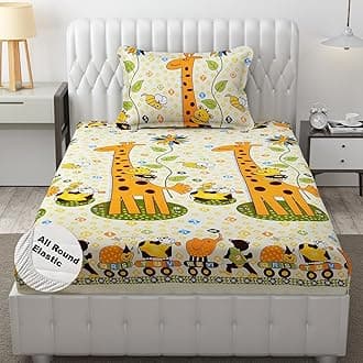 DECOMIZER Cartoon Kids Cotton Feel All Around Elastic Fitted Single Bed Bedsheet with 1 Pillow Covers Fits Upto Mattress of 6 Inches,Size - 42 x 75 x 8 Inches,Design- Yellow Giraffe, 300 TC