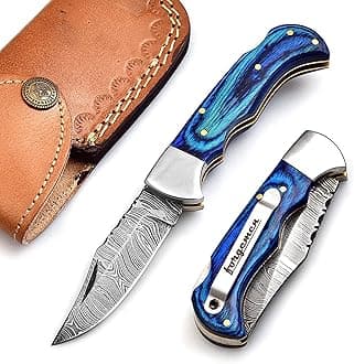 FM807 Pocket knife, Folding Clip Damascus Handmade Custom for Men Cool Good Camping Hunting Fishing & s Activities EDC Knives Leather Sheath Knife., Blue (Blue)