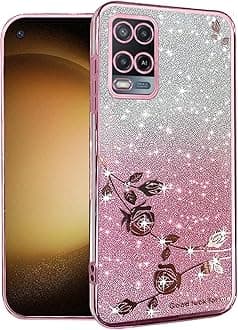 Phone Case for Oppo A54 4G Clear Glitter Floral, Cute Slim for Oppo A54 4G Case Silicone Shockproof Protective Women Girls Cover Sparkle Aesthetic (Pink)