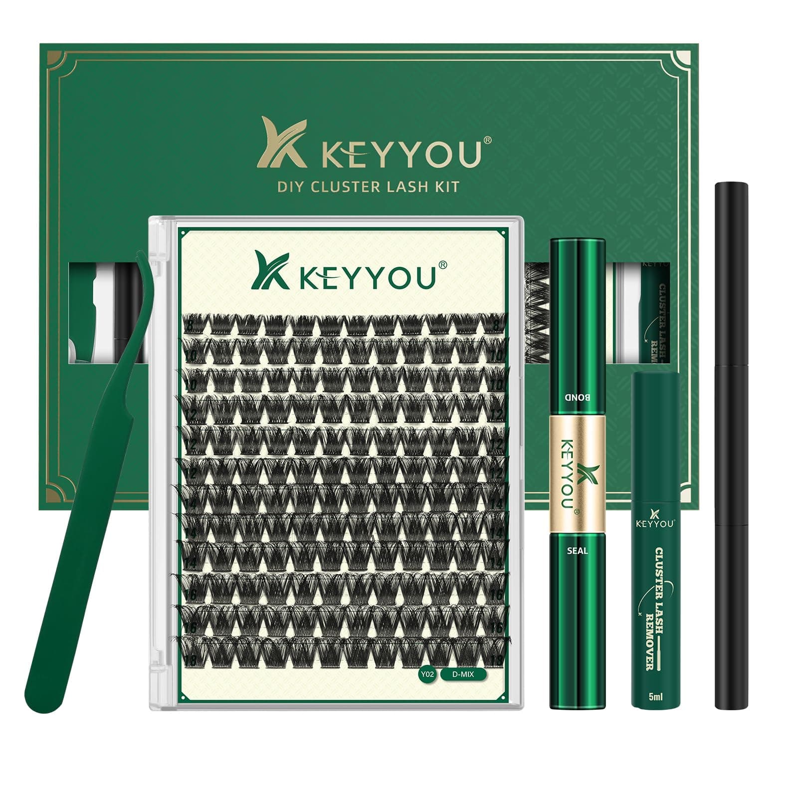 KEYYOU Lash Clusters Kit 144pcs Thick Volume D Curl Eyelash Clusters Lash Extension Kit with Mascara Brush Bond and Seal Glue Remover Applicators and Brush for DIY Lash Extensions (Y02)