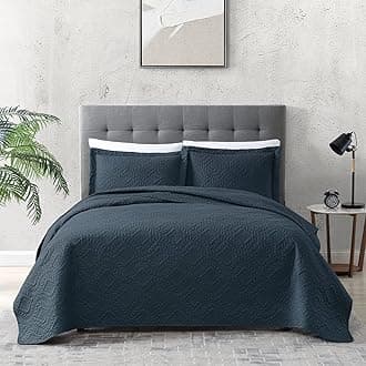 EXQ Home Quilt Set Full/Queen Size Navy 3 Piece,Lightweight Microfiber Coverlet Modern Style Wheat Pattern Bedspread Set(1 Quilt,2 Pillow Shams)