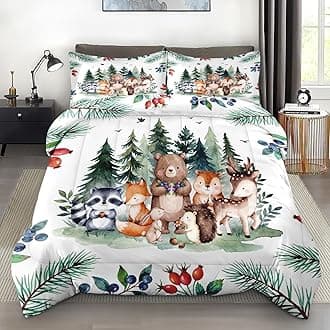 Comforter Set Full Size, Safari Woodland Animal Bird Soft 3 Pcs Bedding for Kids and Adults, Fox Cute Bear Jungle Comforter Set with Pillowcase, for Bedroom Bed Decor