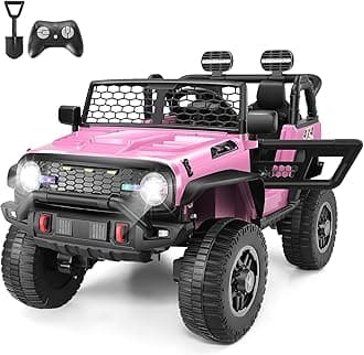 Hikole 24V Kids Ride on Car with Remote Control, 4×100W, Ride on Toys, 2 Kids Side by Side, Electric Truck w/2 Hooks, Safety Belt, Steering Wheel, Real Driving Experience, Shovel, Music, Pink
