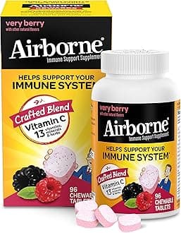 Airborne 1000mg Vitamin C Chewable Tablets with Zinc, Immune Support Supplement with Powerful Antioxidants Vitamins A C & E - 96 Chewable Tablets, Very Berry Flavor