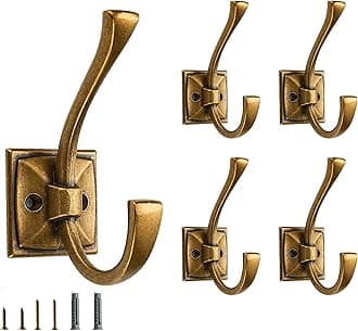 5 Pack Decorative Heavy Duty Towel Hooks for Hanging Robe Double Vintage Antique Brass Coat Hooks Wall Mounted with Screws for Key, Towel, Bags, Cup, Hat