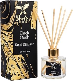 Home Black Oudh Reed Diffuser, 120ml Aroma Oil Glass Set with 6 Natural Sticks, Long Lasting Rich Woody Fragrance for Home, Bedroom, Living Room, Bathroom and Office.
